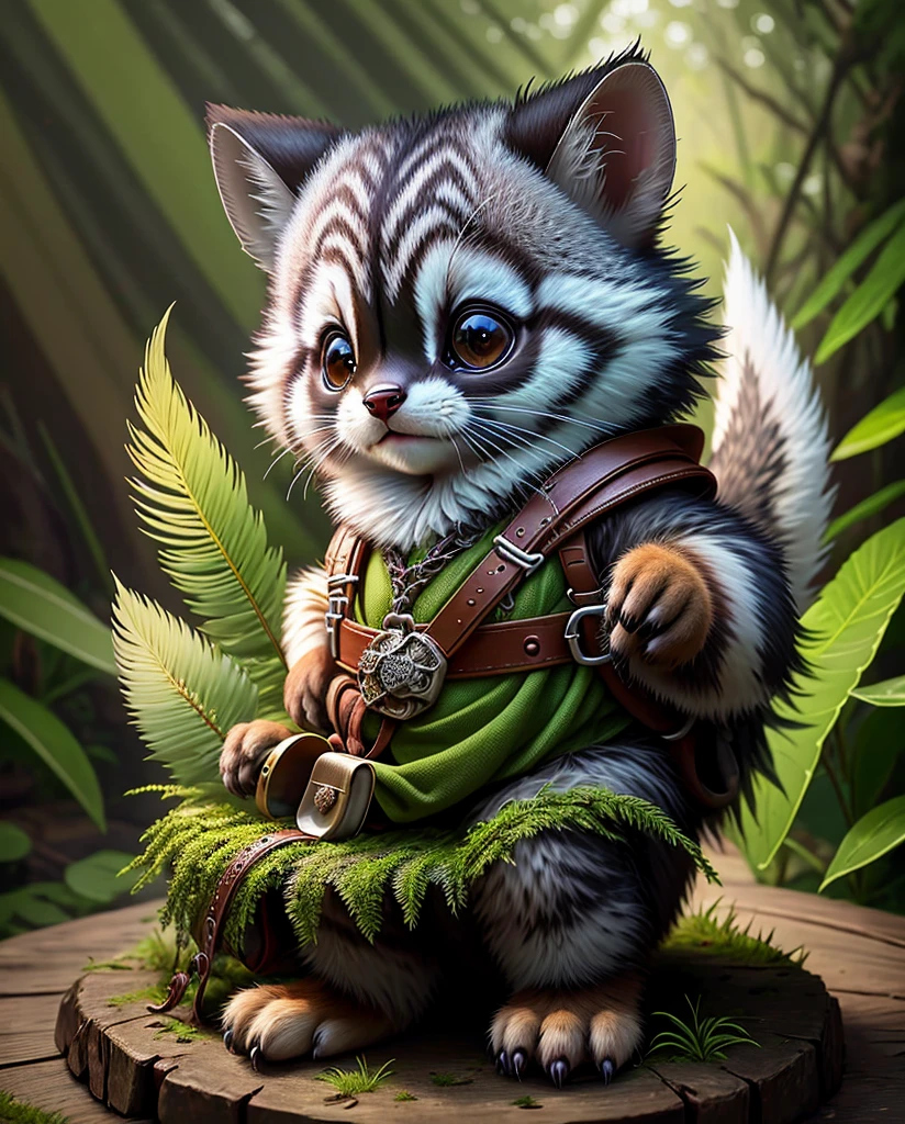 best image quality、"Create your own masterpieces with cute creatures. one、civet、（The place is a forest）, high detail, in 8K、best image quality、dressed as an adventurer、With shuriken in hand、medieval adventurer costume、(((cute)))、