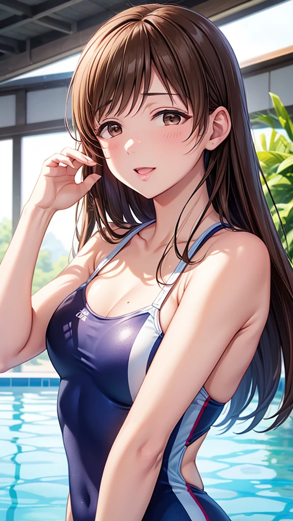 Buckshot、Turn your back、Highest quality、high resolution、High definition、HD、Indoor Pool、Poolside、(Nitta Minami、Long Hair、Medium chest、Brown Hair、Brown eyes、Glossy lips、Glowing Skin、Realistic skin texture、Swimsuit)、Staring at me、Love me、blush、Laughing with your mouth open)、(Depiction of only the upper body、Very close to me)