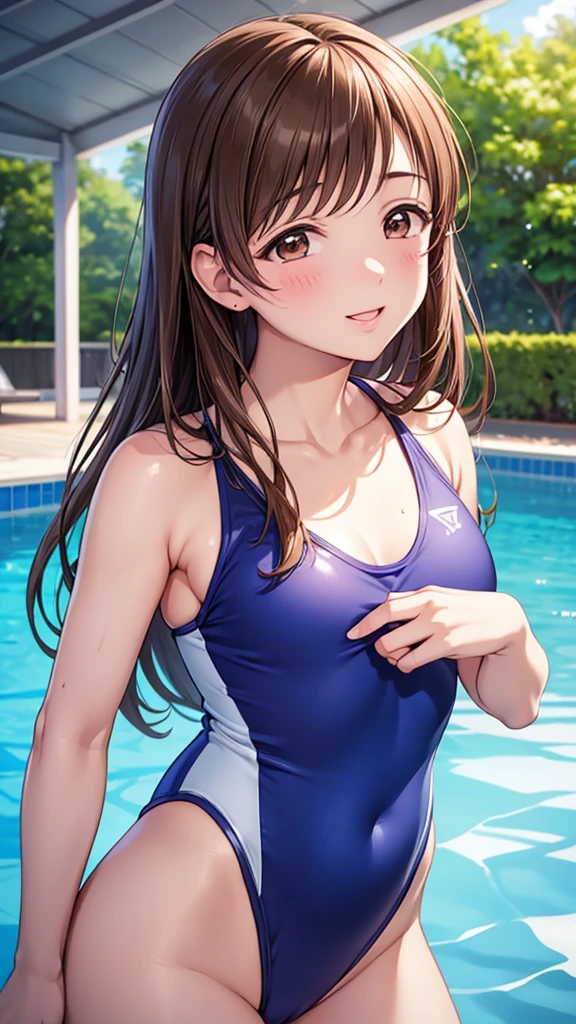 Buckshot、Turn your back、Highest quality、high resolution、High definition、HD、Indoor Pool、Poolside、(Nitta Minami、Long Hair、Medium chest、Brown Hair、Brown eyes、Glossy lips、Glowing Skin、Realistic skin texture、Swimsuit)、Staring at me、Love me、blush、Laughing with your mouth open)、(Depiction of only the upper body、Very close to me)