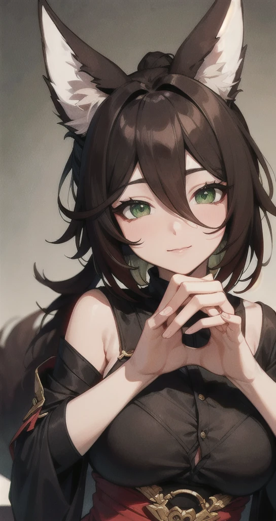 (best quality, masterpiece, perfect face, highest detailed face), tingyun, (brown hair:1.3), (green eyes:1.5), animal ears, (fox ears:1.3), (fox tail:1.1), hair between eyes,  tail, animal ear fluff, , long hair large breasts, ponytail, fox girl, Oversized shirt, oversized clothes, LODBG, nice hands, perfect hands,  (high contrast, official art, extreme detailed, highest detailed)