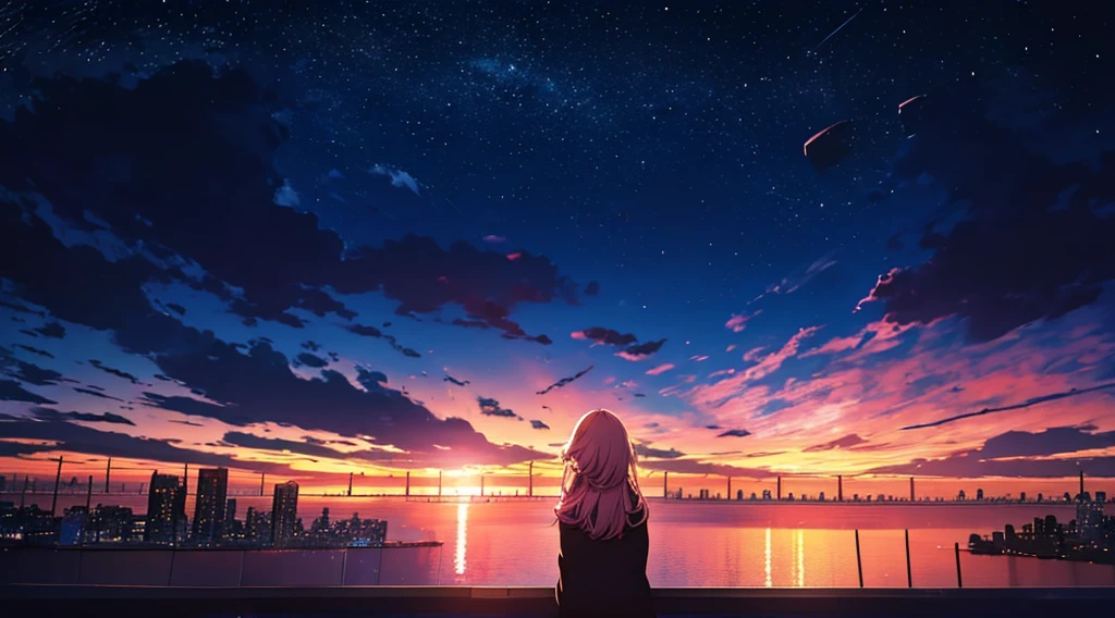 In the roof of a high school during a night with a lot of stars, a girl in a japanese  is looking at the night sky filled by a lot of stars.
-1 girl
-blond long hair with pink point
-sky
-a bunch of stars
-landscape
-plain
-wind
-midnight
-fallings stars
-all the stars falling in the same direction
-the girl is looking the sky
-a better view on the city and the sky