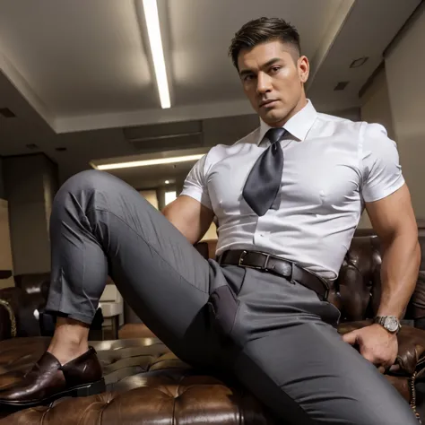 30 years, young daddy, very elegant, have on "bright, tight body suit", have on white shirt, pantalones muy brights, tie, vest, bright satin trousers, have on leather belts, dark gray satin fabric ,Dad sit against the chair and spread your legs., K HD,in the office,"big muscle", "Potato is tan grande" , masculine hairstyle, asia face, masculine, Strong man, the boss is, elegant, leather gloves, lewd dad, Look forward,Potato is elegant,Potato is elegant, Potato is "big horny daddy",big penis bulge.