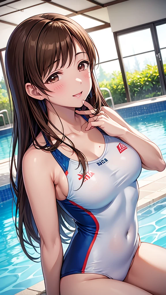 Buckshot、Turn your back、Highest quality、high resolution、High definition、HD、Indoor Pool、Poolside、(Nitta Minami、Long Hair、Medium chest、Brown Hair、Brown eyes、Glossy lips、Glowing Skin、Realistic skin texture、White competitive swimsuit)、Staring at me、Love me、blush、Laughing with your mouth open)、(Depiction of only the upper body、Very close to me)