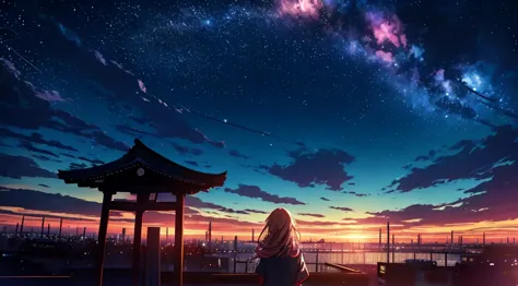 In the roof of a high school during a night with a lot of stars, a girl in a japanese  is looking at the night sky filled by a l...