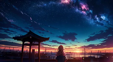 In the roof of a high school during a night with a lot of stars, a girl in a japanese  is looking at the night sky filled by a l...