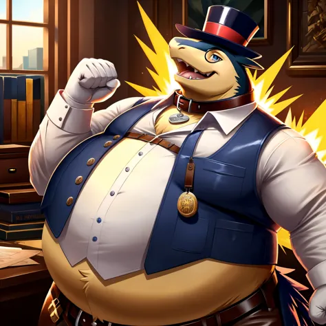 Solo, Male, fat, extremely obese, gentleman, dapper Professor Typhlosion, blue eyes, (posing:1.3), (soft shading), 4k, hi res, ((detailed face, detailed)), looking at viewer, mouth wide open, steampunk, large belly, bulging belly, dapper clothing, collared shirt with buttons, top hat, male focus, Explorer Outfit, glasses, monocle, vest with buttons, sleeves rolled up, round eyewear, brown headwear, brown vest, office, Typhlosion is wearing brown leather suspenders, Typhlosion is wearing a glossy leather dog collar around the neck, Typhlosion is wearing the leather collar and shirt and vest at the same time, Typhlosion is wearing glossy white rubber gloves on the hands, wearing white rubber gloves on the feet, gloves are rubber in texture, clenching teeth, clenching fists, leather collar is glossy and shiny with a lot of detail, Typhlosion is wearing gloves and leather collar at the same time, leather collar has a round dog-tag, leather collar is thick and detailed, leather collar is glossy and shiny, fancy clothing, dapper vest, dapper shirt, leather collar is thick, glossy leather collar, leather collar is thick and glossy, rolled up sleeves, leather collar is somewhat wide, leather suspenders are glossy and shiny, dog-tag has the word "Grandpa" engraved on it.