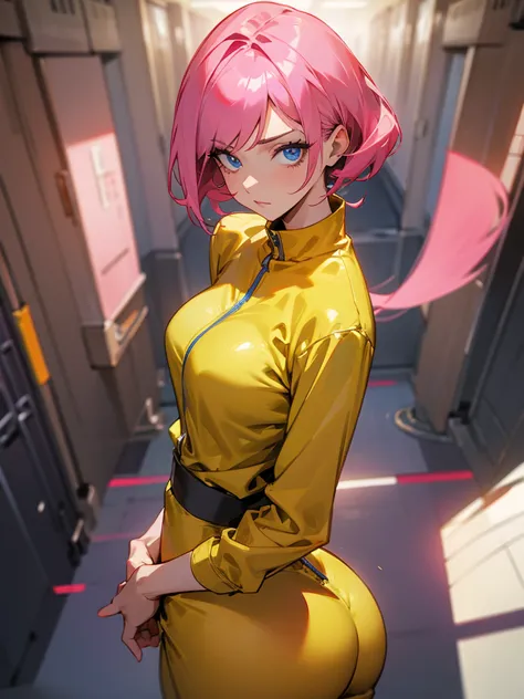 mature woman being viewed through a hud with information, facefocus,  big pink hair, shining blue eyes, wearing a mustard yellow...