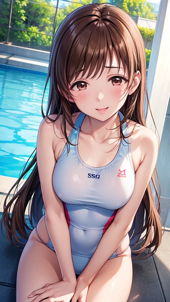 Highest quality、high resolution、High definition、HD、Indoor Pool、Poolside、(Nitta Minami、Long Hair、Medium chest、Brown Hair、Brown eyes、Glossy lips、Glowing Skin、Realistic skin texture、White competitive swimsuit、(Plain swimwear)、Sit with your legs apart)、Staring at me、Love me、blush、(Laughing with your mouth open)、(Emphasis on the crotch、Very close to me)