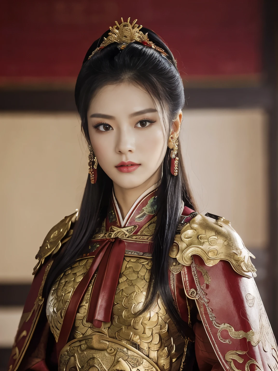 Holding a Chinese long sword in front of his chest with both arms、Front view ,  a Chinese female warrior, ancient Chinese girl, 2 century, looking at viewer, beautiful Chinese  Young General,  girl is 2, (Highly detailed face, Black hair, middle hair ,Brown eye, Variegated eyes, Ordinary eyes,  Tapered eyebrows,  Fuller lips, little Lips, sylas), (ears decoration earring), (middle breasts, middle hip), (ancient Chinese costume, Red decoration leather armor emboss armor of dragon ,  leather inner clothes,  put shoulder Red Cloak ), (holding a ancient Chinese Broad sword), standing in Chinese Palace, near Garden, sunset ,(masterpiece, Highest quality, masterpiece, God-like quality, Godly art, , Very realistic)