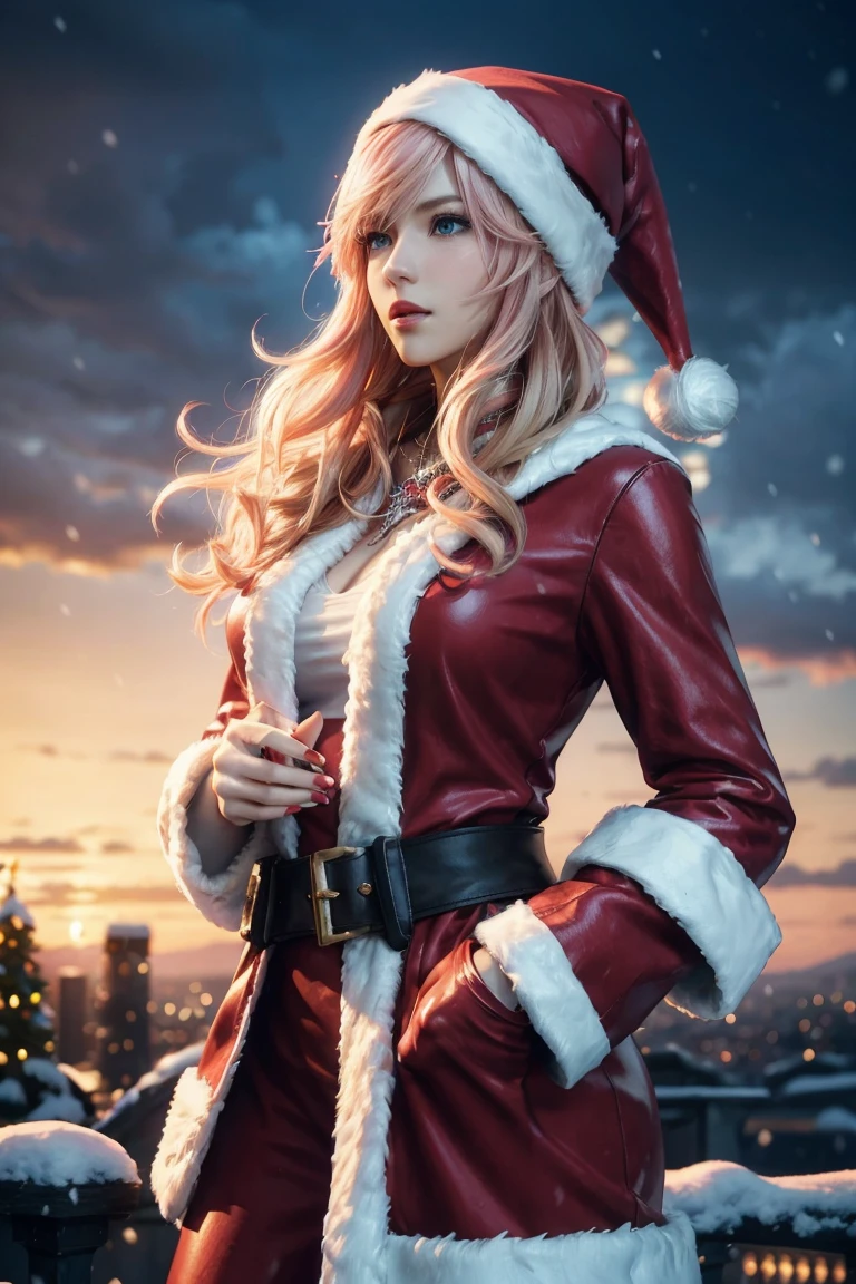 Best Work,Artistically beautiful,lightning,Final Fantasy 13,FF1 Pink Blonde,Medium Hair,Light perm hair,Hair curled to one side,Let your bangs down,Beautiful Blue Eyes,Beautiful and high nose,red santa claus costume,Santa Claus is,christmas armor,christmas sword,red santa claus coat,Use blizzard magic,Ultra HD,high quality,masterpiece,Digital SLR,Detailed explanation,Intricate details,Anatomical basis,Detailed Description,Detailed face,Realistic skin texture,Sharp details,Perfect Anatomy,Perfect Anatomy,Anatomically correct hand,Anatomically correct fingers,Super Detail,Complex 3D rendering,huge ,Sexy pose,bright red nails,Beautiful Christmas,Beautiful sunset,Amazing sunset,final fantasy cityscape,Fantasy worldview,Gorgeous Christmas Tree,White Christmas,Neon color,Beautiful cityscape,Mysterious snow scene,It&#39;s snowing,Picturesque,Photograph the whole body,9 heads,Red lips,Beautiful curly hair,Gorgeous necklace,Accentuate the beauty of your whole body,Beautiful nails,Laughter,