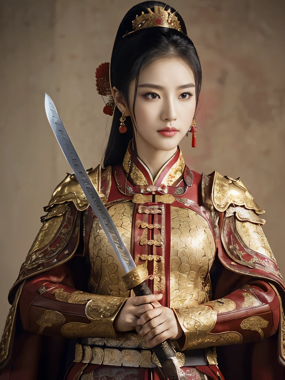 (Holding a Chinese  sword in front of her chest with both hands:1.3)、Front view ,  a Chinese female warrior, ancient Chinese girl, 2 century, looking at viewer, beautiful Chinese  Young General,  girl is 26 years old, (Highly detailed face, Black hair, middle hair ,Brown eye, Variegated eyes, Ordinary eyes,  Tapered eyebrows,  Fuller lips, little Lips,), (ears decoration earring), (middle breasts, middle hip), (ancient Chinese costume, Red decoration leather armor emboss armor of dragon ,  leather inner clothes,  put shoulder Red Cloak ), (holding a ancient Chinese Broad sword), standing in Chinese Palace, near Garden, sunset ,(masterpiece, Highest quality, masterpiece, God-like quality, Godly art, , Very realistic)