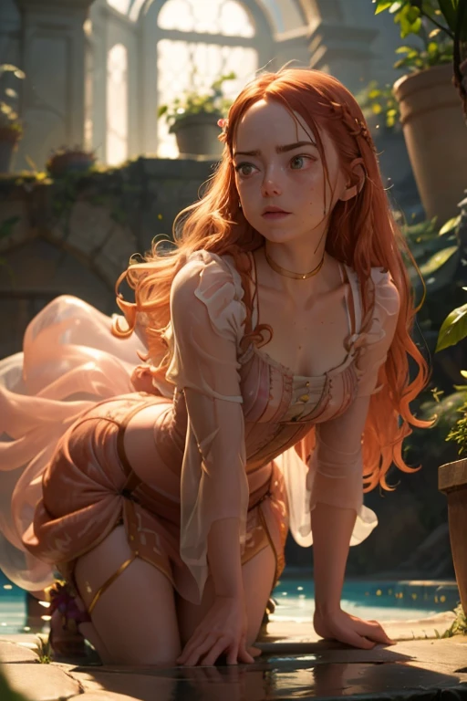 1woman, Brunetette, red hair, long braided hair, rapunzel, Commoner, pectorals, Facial Expression Pain, tossing your hair, short transparent dress, lush ass, see-through camisole, flower in hair, good backlighting, natta, big-ass, breastsout, chubby, In the pool, wet, not frontal, Both hands on ass, standing on all fours