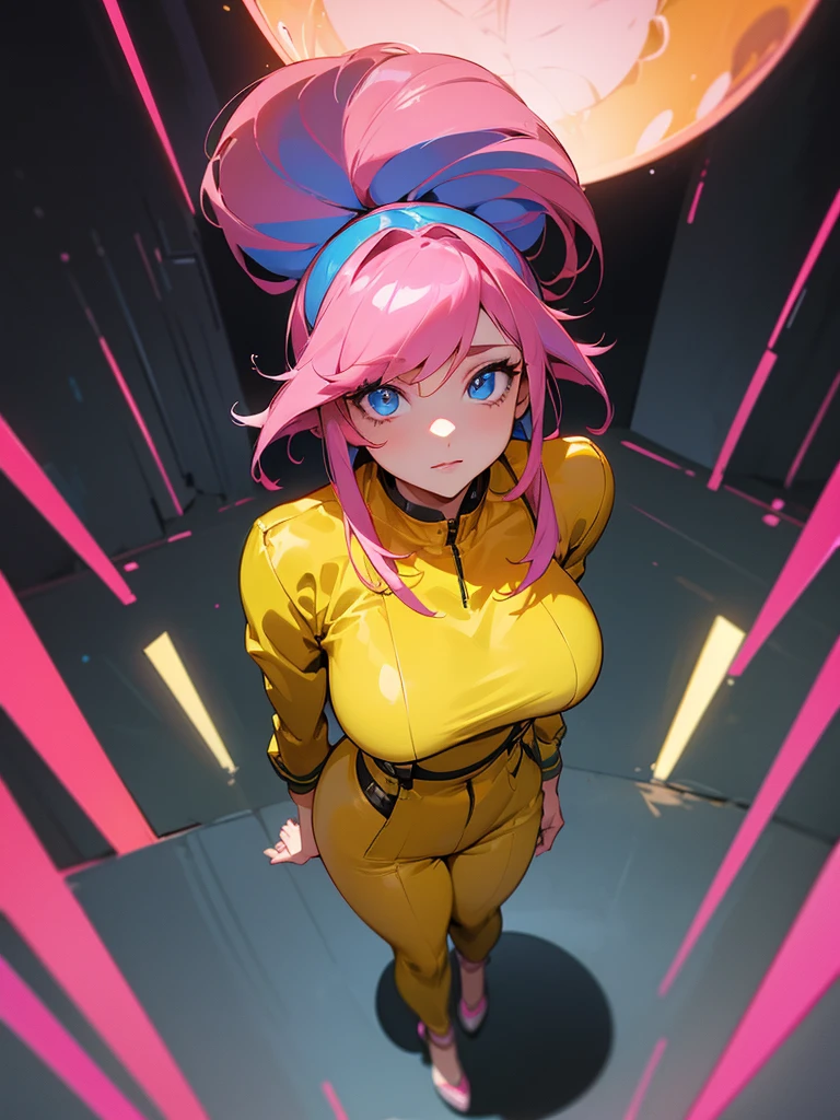 Mature woman inside a server being viewed through a HUD with information, facefocus,  big pink hair, shining blue eyes, wearing a mustard yellow jumpsuit, breasts big, looking 35 years old, eye on the spectator, look to the camera, , the background is a dark corridor,  Hands on waist, thick-thighs, ((look up looking at the viewer)), ​masterpiece