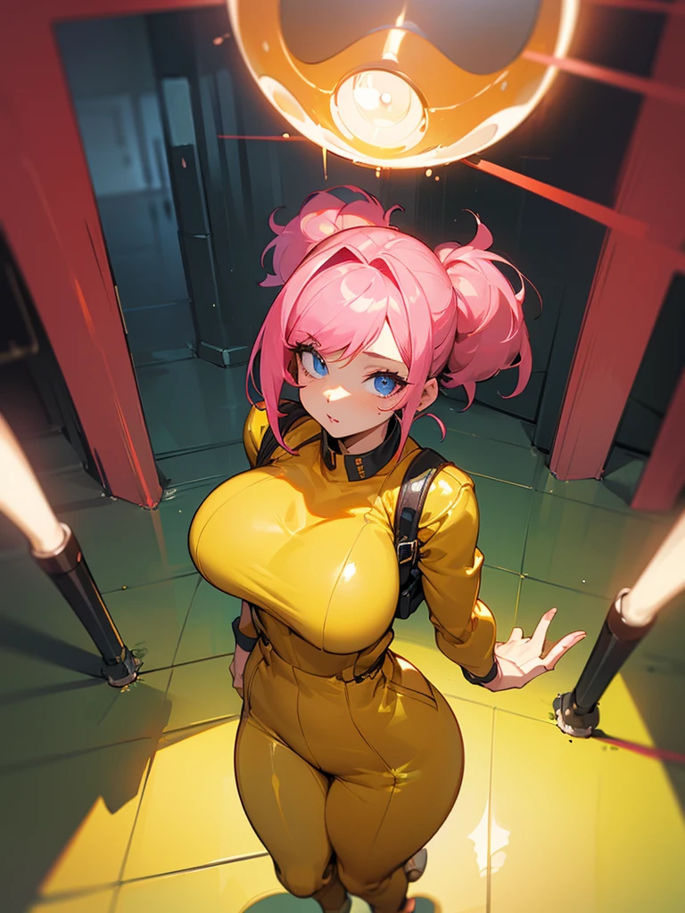 Mature woman inside a server being viewed through a HUD with information, facefocus,  big pink hair, shining blue eyes, wearing a mustard yellow jumpsuit, breasts big, looking 35 years old, eye on the spectator, look to the camera, , the background is a dark corridor,  Hands on waist, thick-thighs, ((look up looking at the viewer)), ​masterpiece