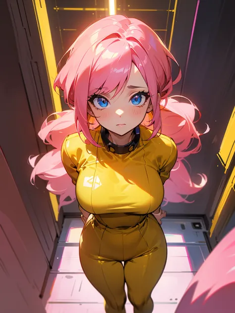 mature woman inside a server being viewed through a hud with information, facefocus,  big pink hair, shining blue eyes, wearing ...