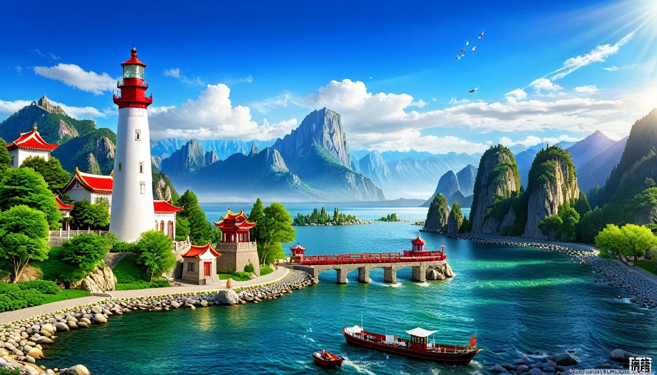 best image, HDR, Chinese relaxing music chinese relaxation, young chinese woman, cute, masterpiece, beautiful scenery river lighthouse, image with wide view, mountains, radiant sky.