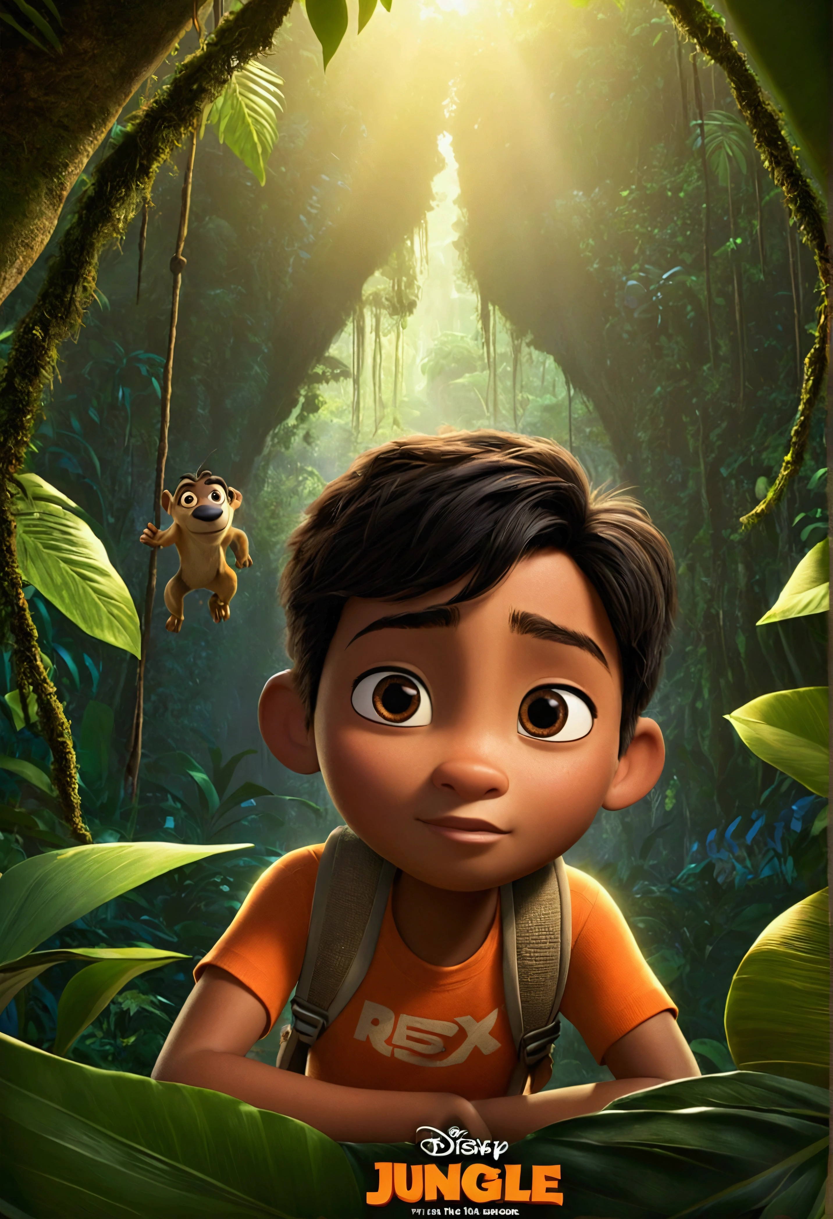 um pôster de filme inspirado na Disney pixar com o título "rescue in the jungle". The character has light brown skin, short black hair, eyes browns, na animação Disney pixar Disney Cartoon, pixar, ..3d, Disney