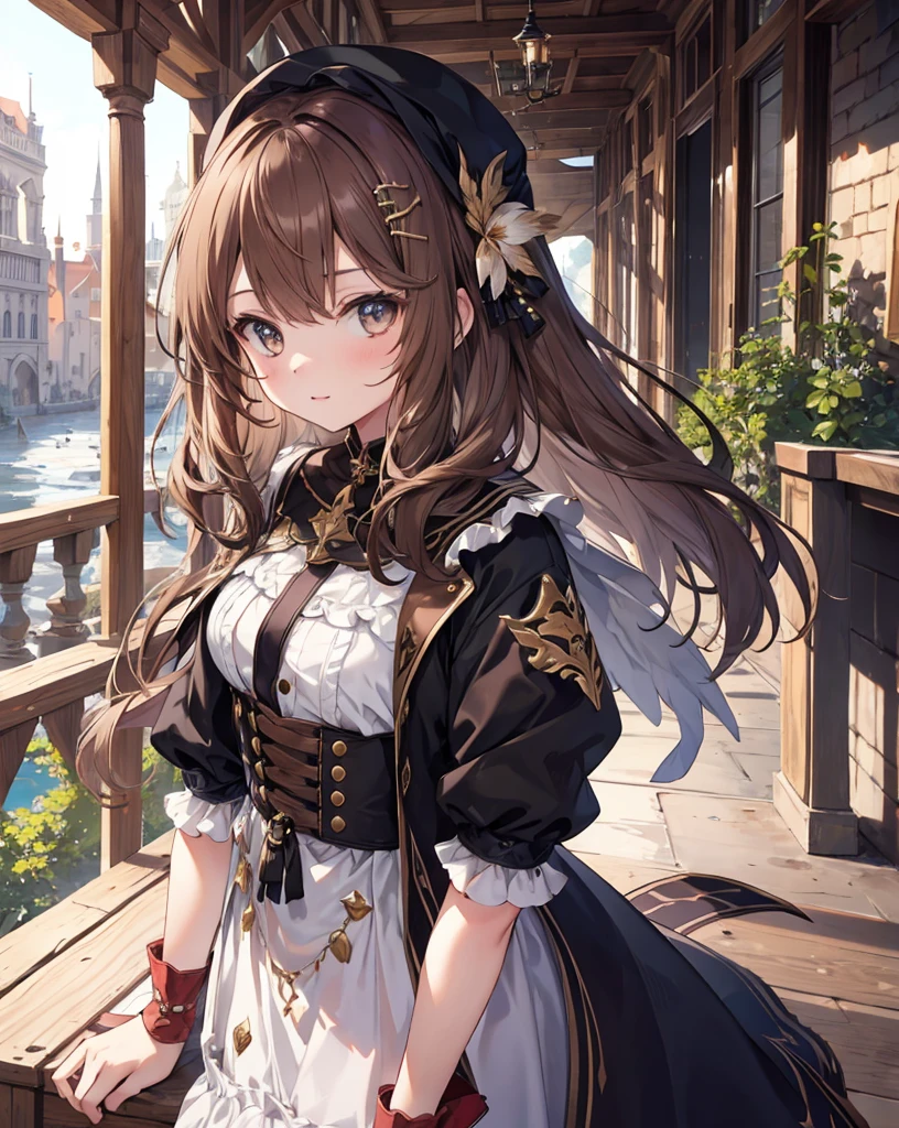 masterpiece,One girl, Sparrow, Brown Haired Girl, wearing knight&#39;s armor, Curly shorthair, Messy Hair, Black Skirt, The body is slim, Knight in armor, Medium chest, she closed her left eye, Shirt decoration,  Pie, Captivating look, Beautiful breasts, Round Breasts, Crimson Eyes, dress, mini skirt, Sitting in a medieval tavern, Ahoge, Captivating smile, breastplate, Wearing Loriseg&#39;s armor and helmet, red tunic, Red Shirt