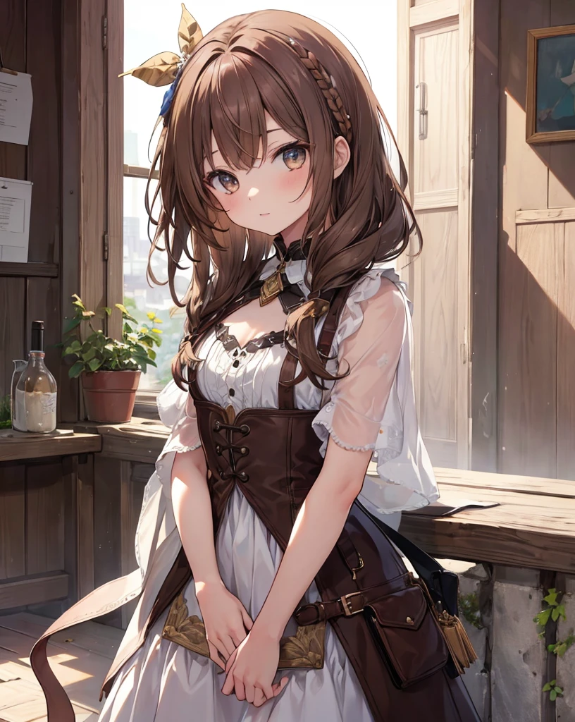 masterpiece,One girl, Sparrow, Brown Haired Girl, wearing knight&#39;s armor, Curly shorthair, Messy Hair, Black Skirt, The body is slim, Knight in armor, Medium chest, she closed her left eye, Shirt decoration,  Pie, Captivating look, Beautiful breasts, Round Breasts, Crimson Eyes, dress, mini skirt, Sitting in a medieval tavern, Ahoge, Captivating smile, breastplate, Wearing Loriseg&#39;s armor and helmet, red tunic, Red Shirt