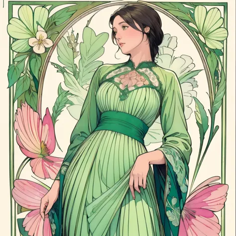 ((masterpiece)), (highest quality), art nouveau watercolor, (simple style), green dress, butterfly heart, pleated lace, edwardia...