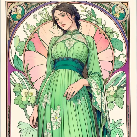 ((masterpiece)), (highest quality), art nouveau watercolor, (simple style), green dress, butterfly heart, pleated lace, edwardia...