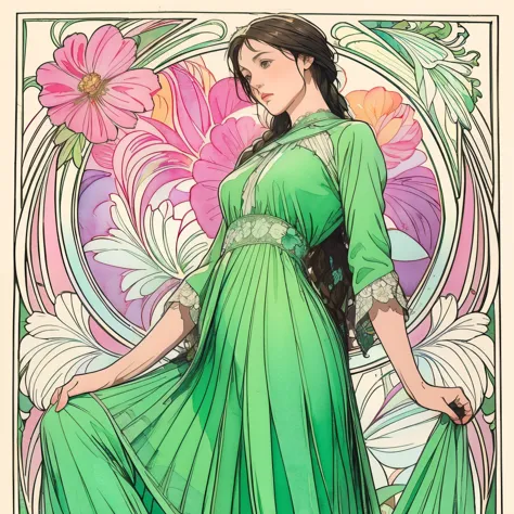 ((masterpiece)), (highest quality), art nouveau watercolor, (simple style), green dress, butterfly heart, pleated lace, edwardia...