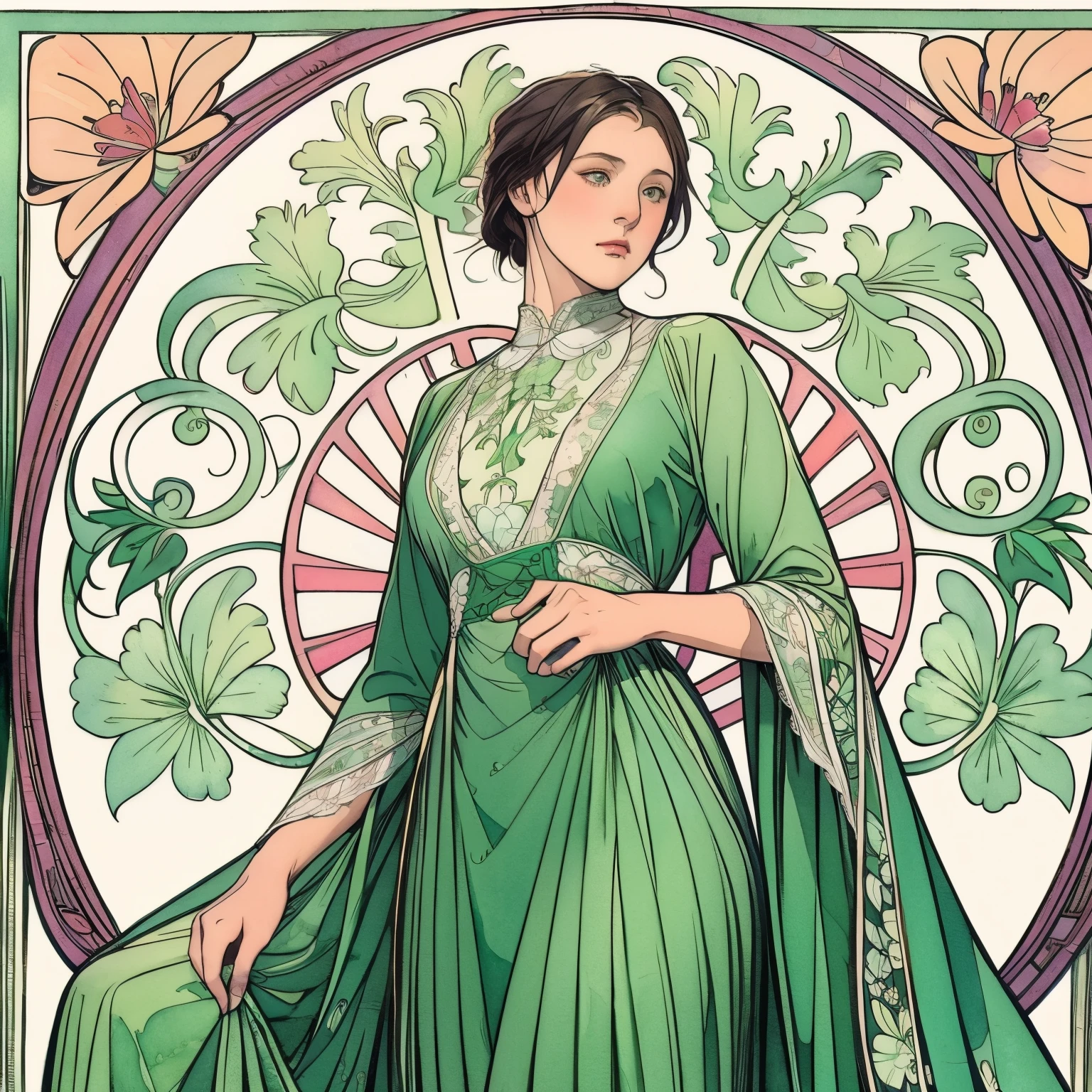 ((obra maestra)), (de la máxima calidad), acuarela art nouveau, (estilo simple), vestido verde, corazon de mariposa, encaje plisado, vestido de encaje eduardiano , como una flor_fondo, Diseños y patrones intrincados al estilo de Alphonse Mucha.desde abajo.