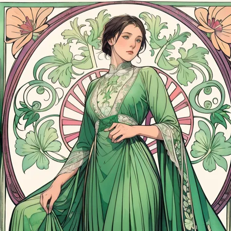 ((masterpiece)), (highest quality), art nouveau watercolor, (simple style), green dress, butterfly heart, pleated lace, edwardia...