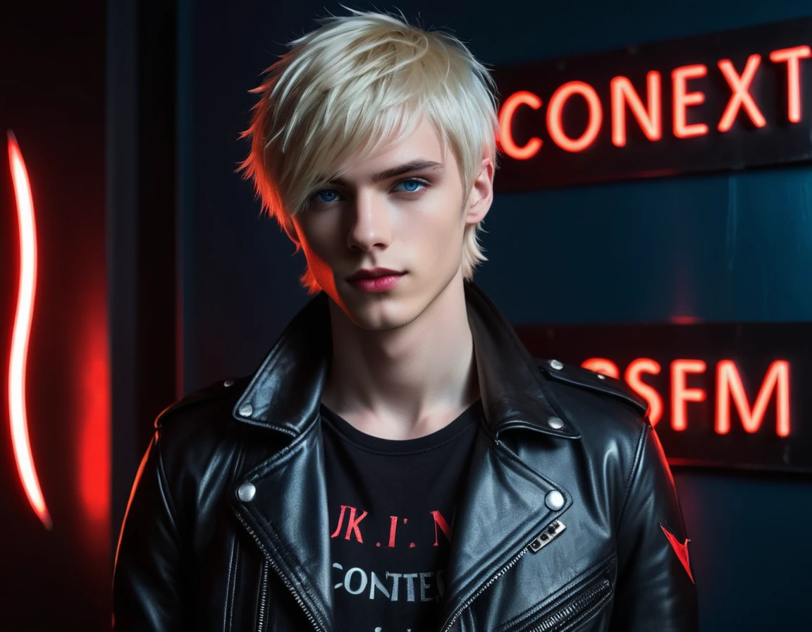 Hyper realistic, dark vibes, attractive young guy, male, (skinny and thin:1.1), 22 years, pale skin, blue eyes, (short layered shaggy platinum blond hair:1.1), side swept bangs, (holding knife:1.2), black leather jacket, black eyeliner, dark lighting, in luxury BDSM room, (smirk:1.1), (visible neon red crescent moon writing sign in background text "CONTEXT" in blue:1.1)