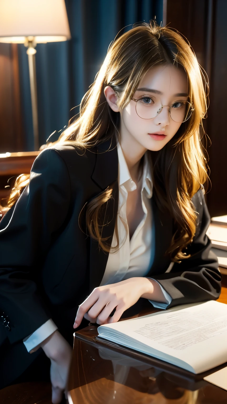 Highest quality, Highest quality, 16K, Unbelievably absurd, Very detailed, delicate and dynamic, Detailed facial depiction, , Particles reflect light, Diffuse reflection of light, Vortex of Light, Files on the desk, Spotlight, trial所, trial, Defense, Glassesが光を反射する, Create amazing image effects, Close-up, (sole sexy lady, big firm bouncing busts, long wavy blonde hair, lawyer, Powerful, Chic black suit, White blouse, pants suit, High heels, Glasses, Serious, Self, enthusiasm, Spiel, Stand up and read the document, Glassesを手で押し上げる,)