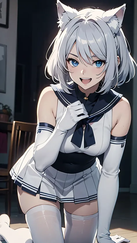 Tabletop　High resolution　Best image quality　8k　 Adult female　Anime Style　White long gloves（Elbow Gloves）　White Sailor Suit（Sleeveless）　mini skirt　White pantyhose（I can see your underwear）　White wolf ears　short hair（（Shortcuts）（Gray Hair）（Perm）（fluffy））　blue eyes　Attractive face（（Laughter）（smile）（Open your mouth））　Kneeling　Place your hands on your knees