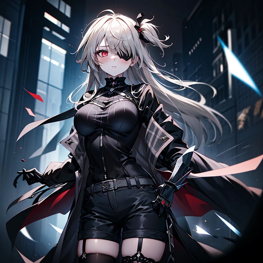 1girl, ashen_blond_hair, long_hair, bangs, eyepatch, red_eyes, two_side_up, hair_over_one_eye, blush, giant_breasts, Black_trench_coat, gauntlets, Black_stockings, grey_shorts, pale skin, 