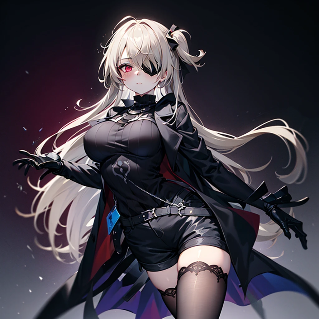 1girl, ashen_blond_hair, long_hair, bangs, eyepatch, red_eyes, two_side_up, hair_over_one_eye, blush, giant_breasts, Black_trench_coat, gauntlets, Black_stockings, grey_shorts, pale skin, 