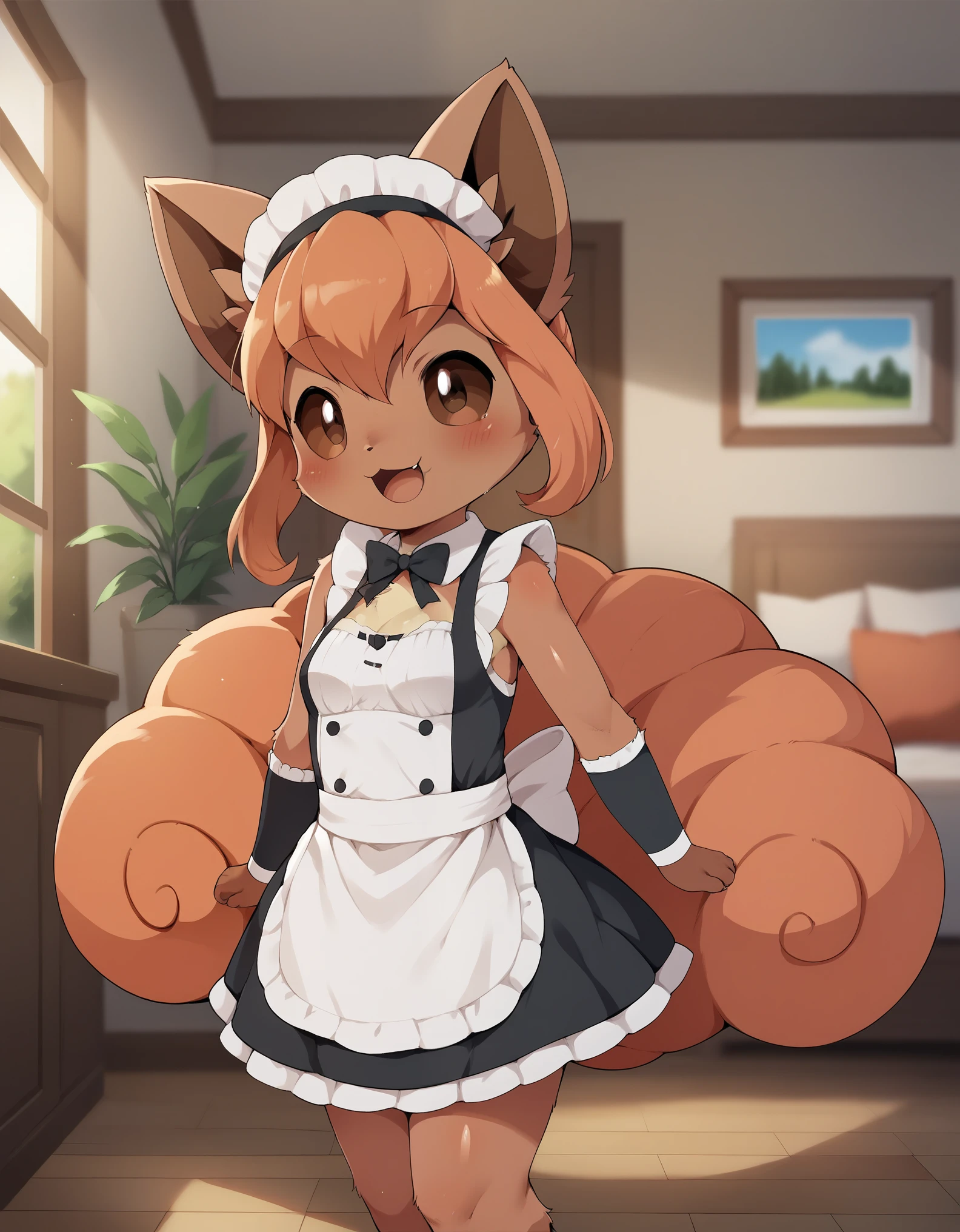 dagasi, body fur,  score_9, score_8_up, score_7_up, score_6_up,  rating_questionable, anthro, (furry, anthro:1.2) (detailed fluffy fur), solo, furry female, pokemon (creature),,vulpix , cute, ,pokemon, (small breasts), ,cute, cute eyes, cute head), (beautifully detailed face, oily shiny skin), (detailed eyes, sharp eyes, clear pupils:0.8), masterpiece, happy, hands empty, smile,mouth, background living room,house,dressed, wear maid outfit, 