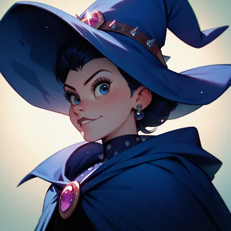 Disney, wizard in a deep blue cape and hat in spiked art style
