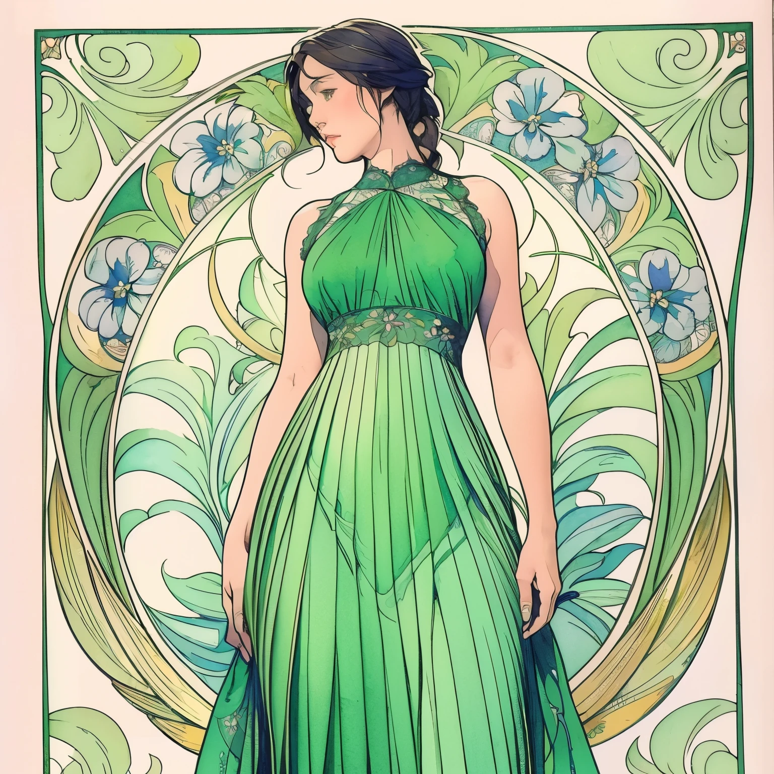 ((obra maestra)), (de la máxima calidad), acuarela art nouveau, (estilo simple), vestido verde, corazon de mariposa, encaje plisado, vestido de encaje eduardiano , como una flor_fondo, Diseños y patrones intrincados al estilo de Alphonse Mucha.desde abajo.