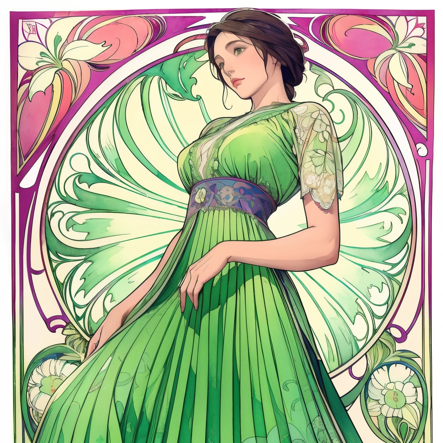 ((obra maestra)), (de la máxima calidad), acuarela art nouveau, (estilo simple), vestido verde, corazon de mariposa, encaje plisado, vestido de encaje eduardiano , como una flor_fondo, Diseños y patrones intrincados al estilo de Alphonse Mucha.desde abajo.