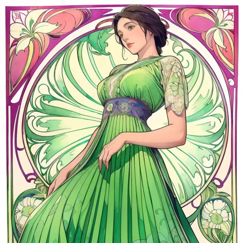 ((masterpiece)), (highest quality), art nouveau watercolor, (simple style), green dress, butterfly heart, pleated lace, edwardia...