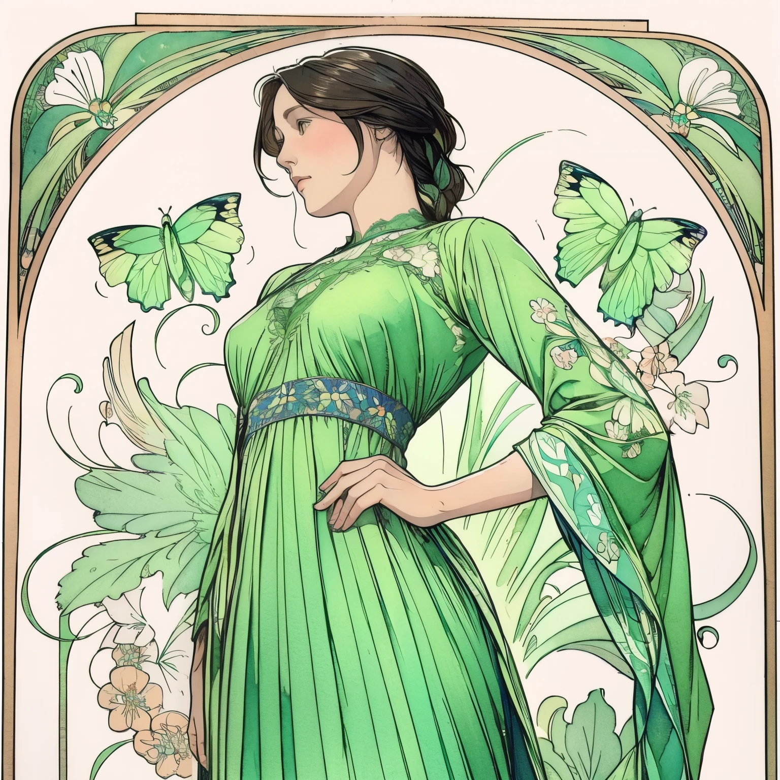 ((obra maestra)), (de la máxima calidad), acuarela art nouveau, (estilo simple), vestido verde, corazon de mariposa, encaje plisado, vestido de encaje eduardiano , como una flor_fondo, Diseños y patrones intrincados al estilo de Alphonse Mucha.desde abajo.