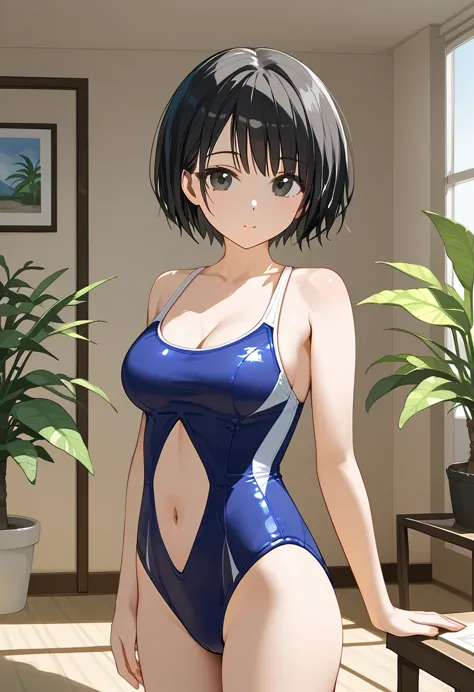 1girl, solo, breasts, short hair, black hair, navel, swimsuit, indoors, black eyes, one-piece swimsuit, plant, potted plant