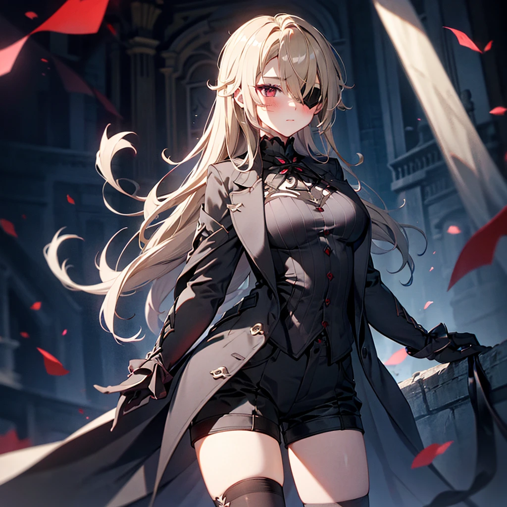 1girl, ashen_blond_hair, long_hair, bangs, eyepatch, red_eyes, two_side_up, hair_over_one_eye, blush, medium_breasts, Black_trench_coat, gauntlets, Black_pantyhose, grey_shorts, pale skin,