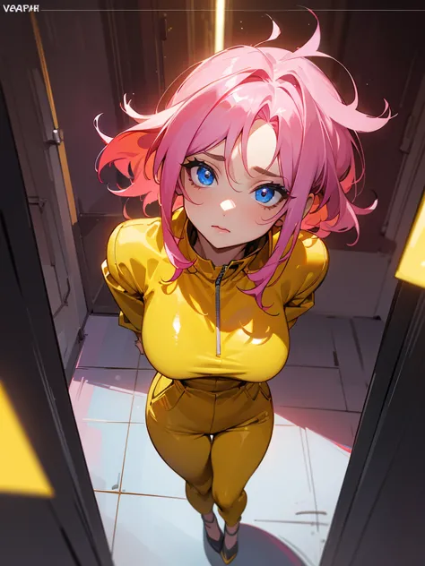 mature woman inside a server being viewed through a hud with information, facial focus,  big pink hair, shining blue eyes, weari...