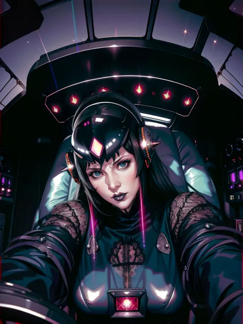 (((gothic vampire piloting) in gothic spacecraft)), (((retro anime))), ((from below)), ((fisheye-view)), ((((gothic)) control pa...