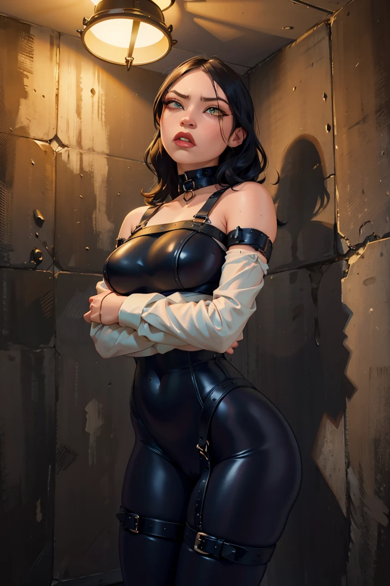 Eine schöne Frau mit grünen Augen, schwarzes Haar, enges schwarzes Latex, mit Riemen gebunden, Hände auf dem Rücken gefesselt, Kragen, Fesseln, sexy, dunkles Kellerinnere, dramatisch lighting, Chiaroscuro, filmisch, Launisch, gotisch, dramatisch, auffällig, Intensiv, Fesselnd, exquisit detailliert, Hoher Kontrast, ultra-realistisch, 8k, fotorealistisch, Meisterwerk. de noche, Keller mit Sexspielzeugen an den Wänden