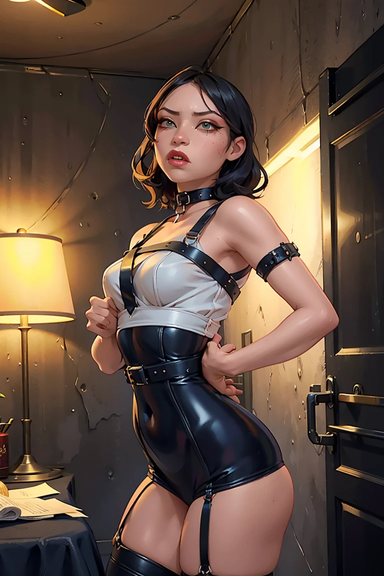 Eine schöne Frau mit grünen Augen, schwarzes Haar, enges schwarzes Latex, mit Riemen gebunden, Hände auf dem Rücken gefesselt, Kragen, Fesseln, sexy, dunkles Kellerinnere, dramatisch lighting, Chiaroscuro, filmisch, Launisch, gotisch, dramatisch, auffällig, Intensiv, Fesselnd, exquisit detailliert, Hoher Kontrast, ultra-realistisch, 8k, fotorealistisch, Meisterwerk. de noche, Keller mit Sexspielzeugen an den Wänden, verschlossenes Zimmer, sexy Pose, Erröten, Ganzkörperporträt