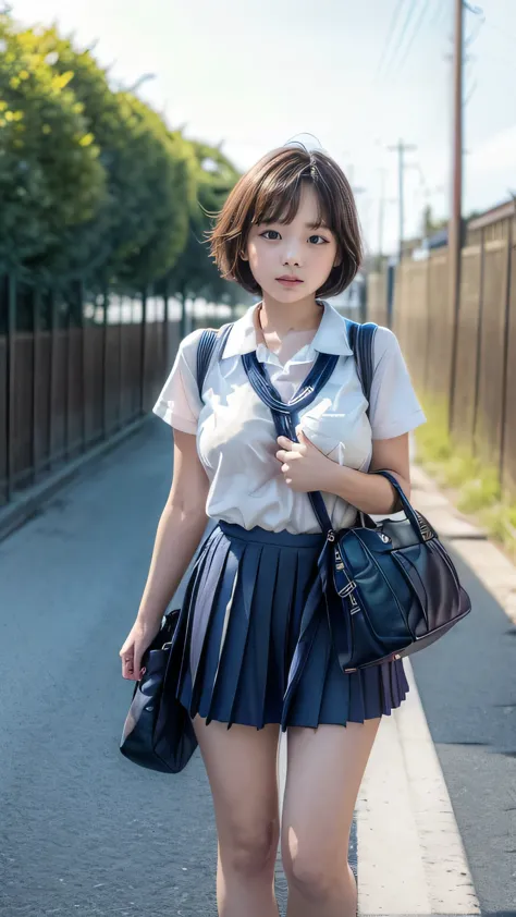 (junior high school girls walking on the streets of tokyo:1.2、blue sky)、((school uniform、white blouse、(navy blue pleated skirt)、...