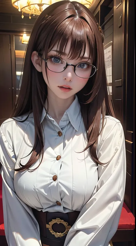 Random pose,Extreme Close-up,Movie Scenes,Fantasy art,Best image quality,Hyperrealist portrait,(8k),Ultra-realistic,最high quality,high quality,High resolution,high qualityの質感,Attention to detail,Beautiful details,Fine details,Highly detailed CG,Detailed Texture,Realistic facial expressions,masterpiece,before,dynamic,bold,1 Girl,Highly detailed skin,curve,,Beautiful breasts,Large Breasts,Pale skin,Pointed Chest,Erect nipples,(Very fine hairs),(Very soft hair),(Super Straight Hair),Long, slicked bangs,Very light coppery amber hair,Hair on one eye, , (lawyer, Powerful, Chic black suit, White blouse, pants suit, High heels, Glasses, Serious, Self, enthusiasm, Spiel, Stand up and read the document, Glassesを手で押し上げる,)
