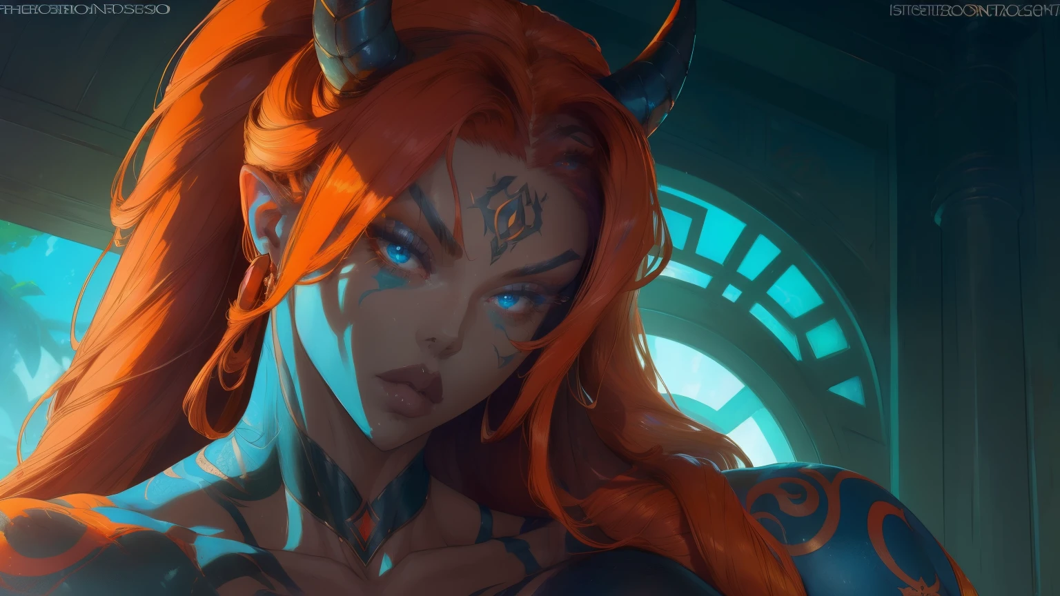 (((work of art))), (((best qualityer: 1.4))), ((super detaill: 1.4)) , hyper-detailed gouache painting of a female Tiefling, beautiful exotic features, neon amber eyes:1.5,  hair orange, hyper-detailed facial features, expressive face, detailed textures, blue skin tone, tattoo's, shader de pele natural, volumetrics, warm tones under your skin, ultra-high resolution