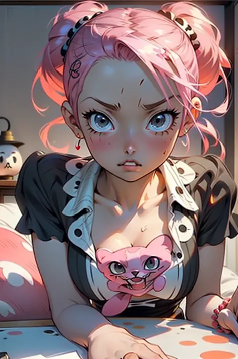 (masterpiece, highly detailed), pretty face:1.2, ((perona /one piece/)), ((black cute ruffles dress)), ((two pink ponytails)), (...
