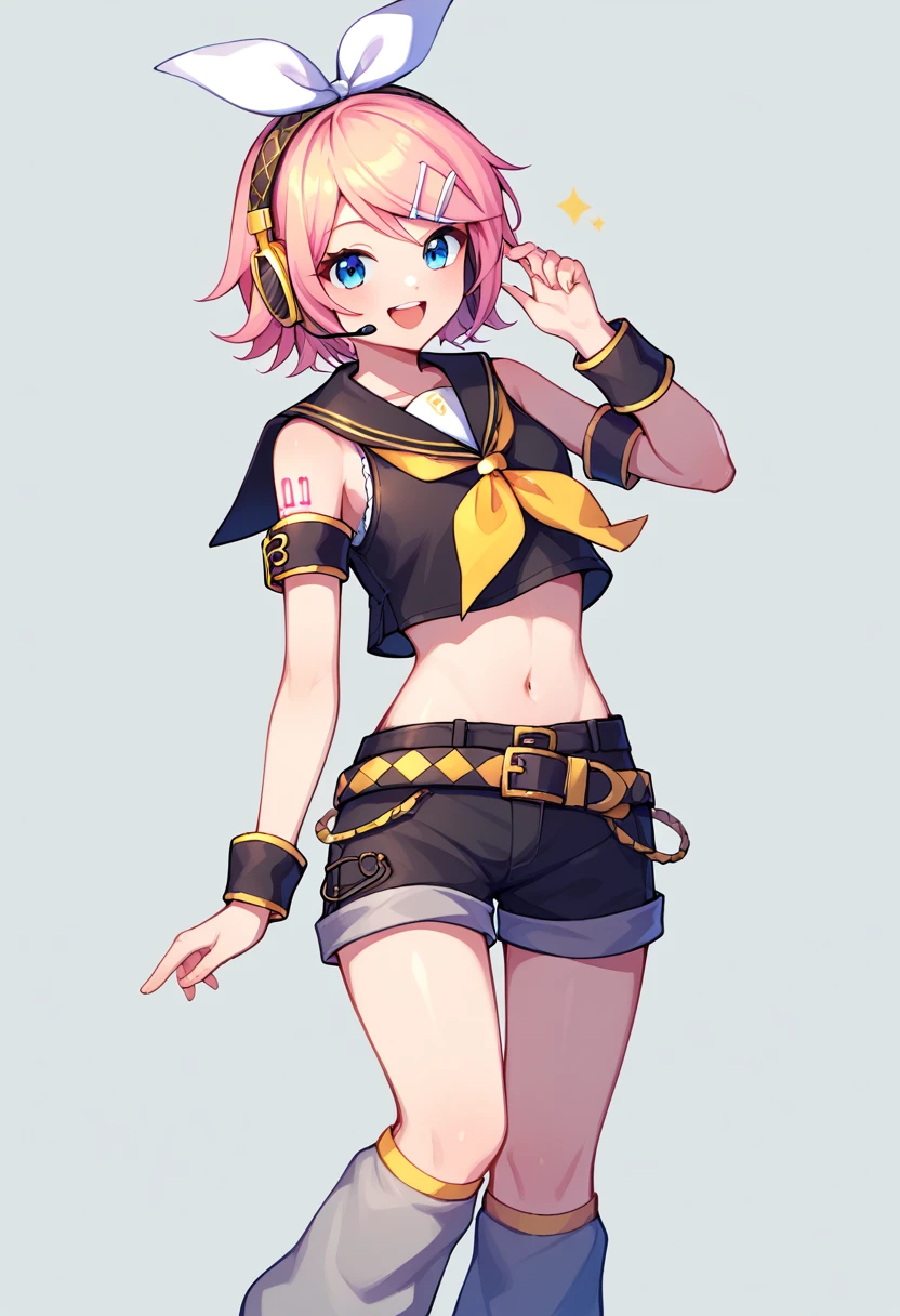 score_9, score_8_up, score_7_up,score_6_up, score_5_up, score_4_up , 1girl, solo, luka megurine, blue eyes, headphones, long hair, pink hair,, arm warmers, armband, bare shoulders, black shirt, black skirt, crop top, midriff, navel, shirt, shoulder tattoo, single arm warmer, skirt, tattoo, rin kagamine, blonde hair, blue eyes, hair bow, headset, short hair, headphones, bare shoulders, belt, black sailor collar, black shorts, bow, crop top, detached sleeves, grey legwear, grey shorts, grey sleeves, hair bow, leg warmers, neckerchief, sailor collar, , shirt, short shorts, short sleeves, shorts, white bow, white footwear, white shirt, yellow neckerchief, happy, cowboy shot, simple background